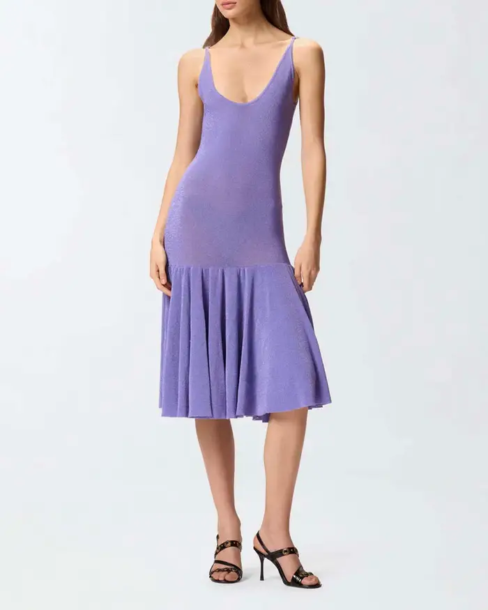 Abito corto scollato Pinko lilla in maglia di viscosa metallizzata con spalline sottili e pieghe
