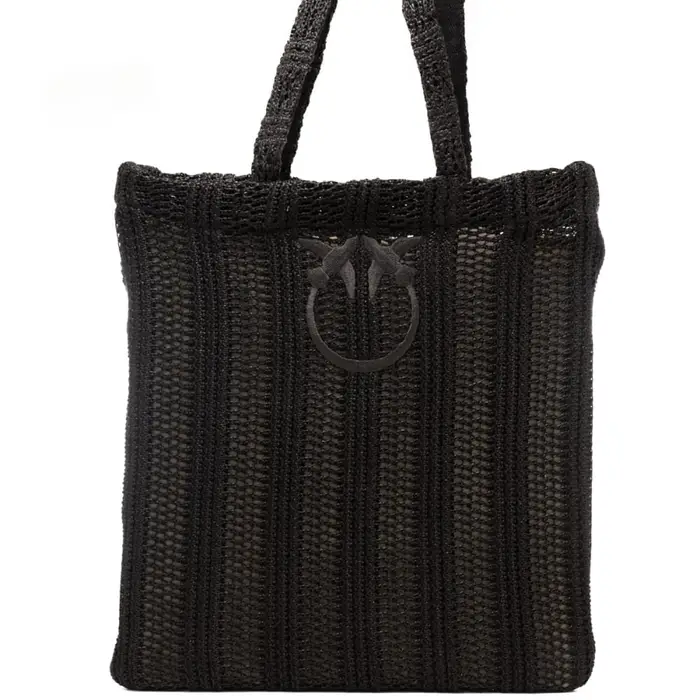 borsa a spalla da donna in tessuto intrecciato con logo ton sur ton ricamato nera