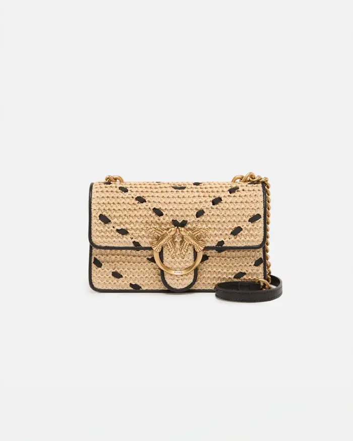 Borsa a spalla Mini Love Bag One Light Pinko beige in rafia e pelle