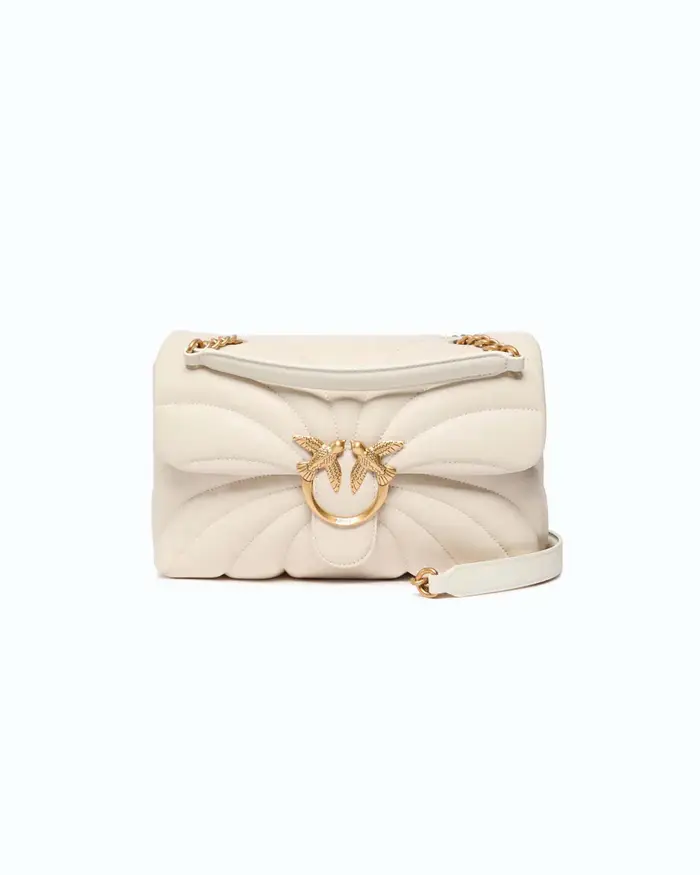 Pinko Borsa a tracolla grande Classic Love Bag Puff Butterfly bianca in nappa trapuntata con dettagli dorati