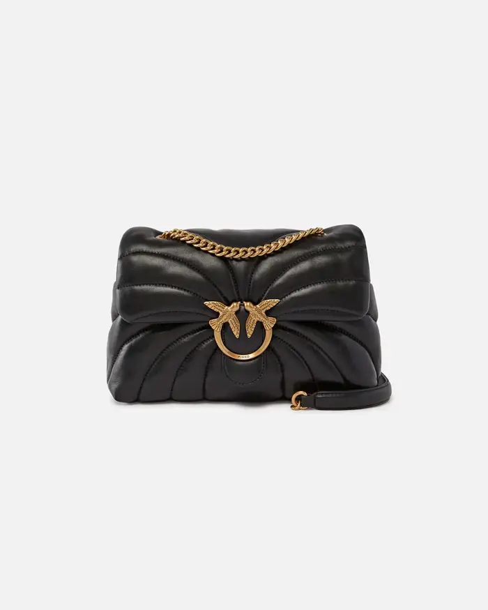 Pinko Borsa a tracolla grande Classic Love Bag Puff Butterfly nera in nappa trapuntata con dettagli dorati