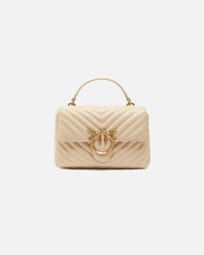 Pinko Borsa piccola a mano Lady Love Bag Puff Chevron beige in pelle con fibbia logo e catena dorate