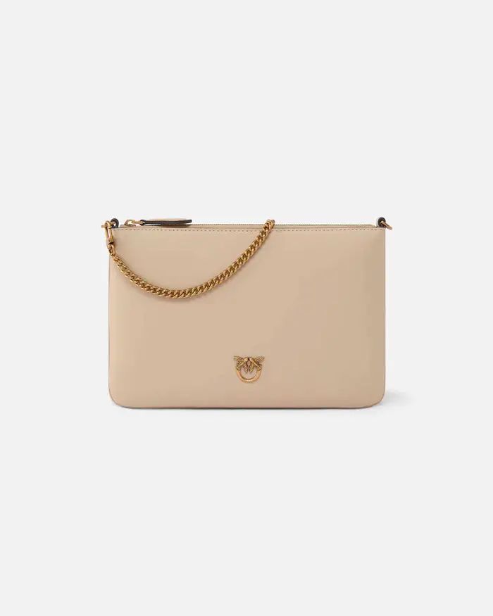 Pinko Busta Flat Love Bag Simply beige con tracolla a catena e logo Love Birds dorati