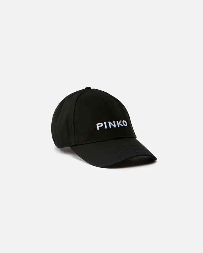 Pinko Cappello con visiera in puro cotone nero con logo lettering ricamato a contrasto