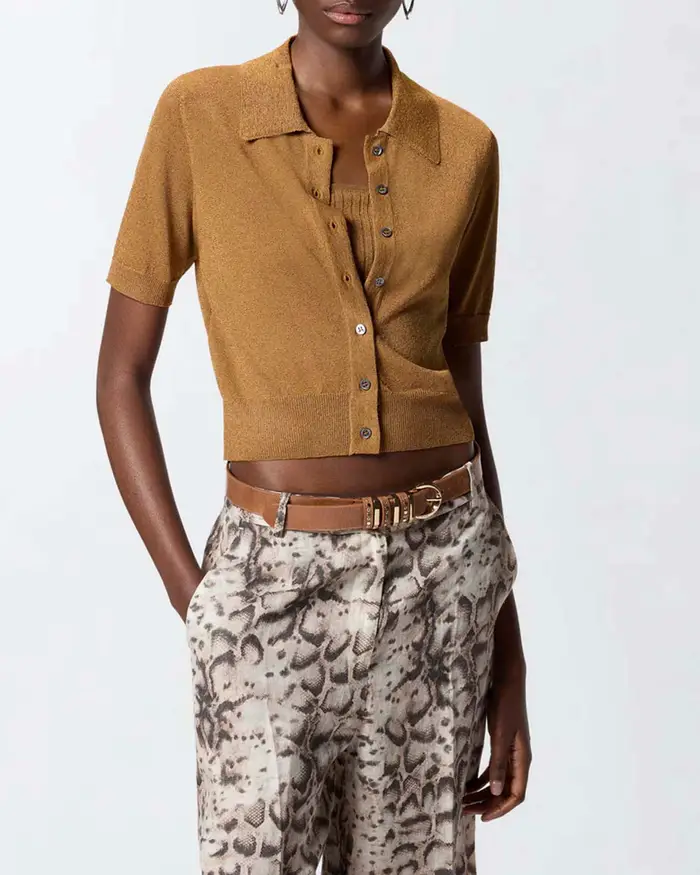 Cardigan cropped oro Pinko a mezza manica con colletto a camicia