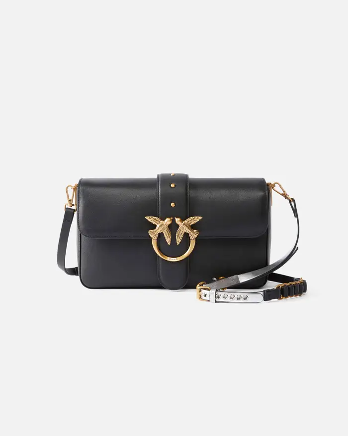 Pinko Love Bag One Slouchy nera in pelle liscia con fibbia Love Birds dorata con doppia tracolla a catena e con anelli decorativi