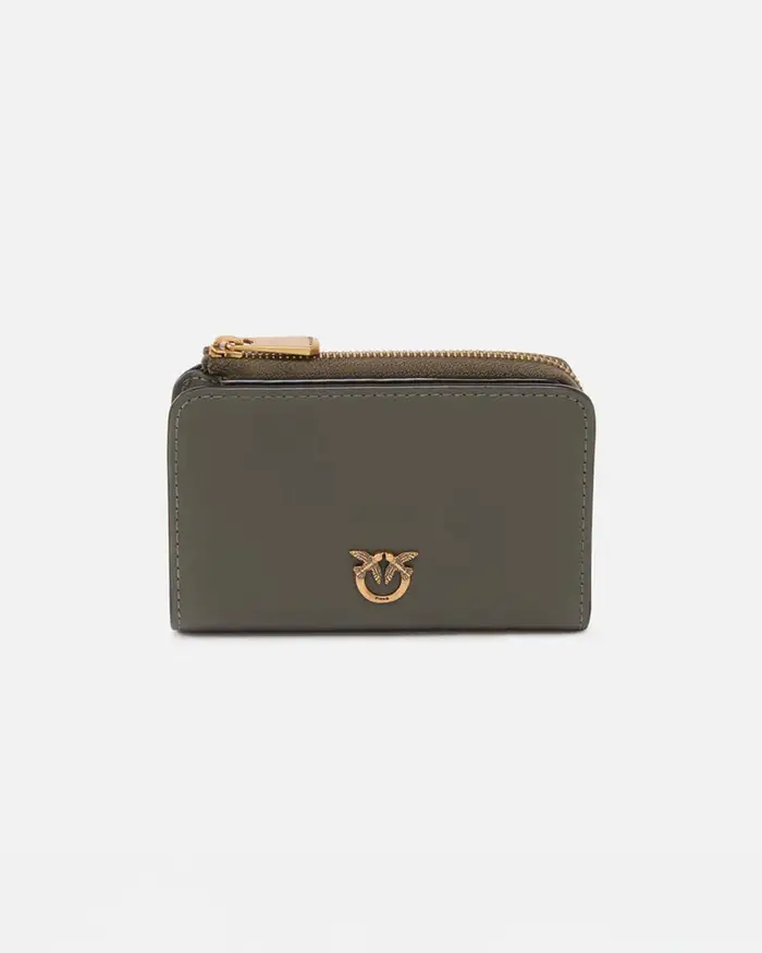Portafoglio mini in pelle color fango Pinko con zip e logo Love Birds dorato