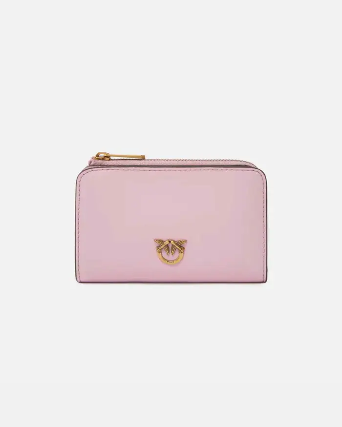 Portafoglio mini in pelle rosa Pinko con zip e logo Love Birds dorato