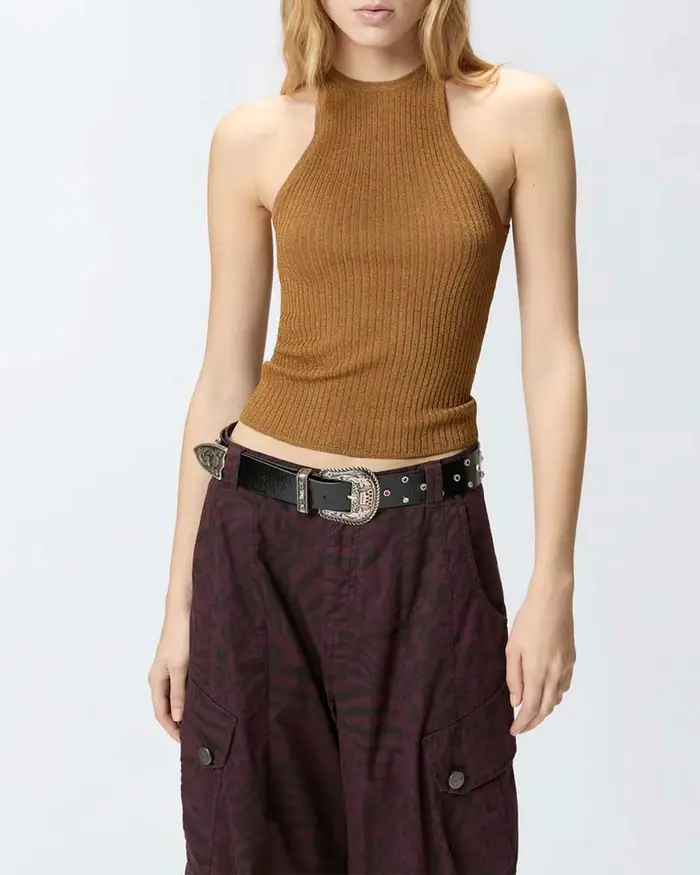 Top Pinko oro in misto viscosa e filo metallizzato a costine con scollo all americana