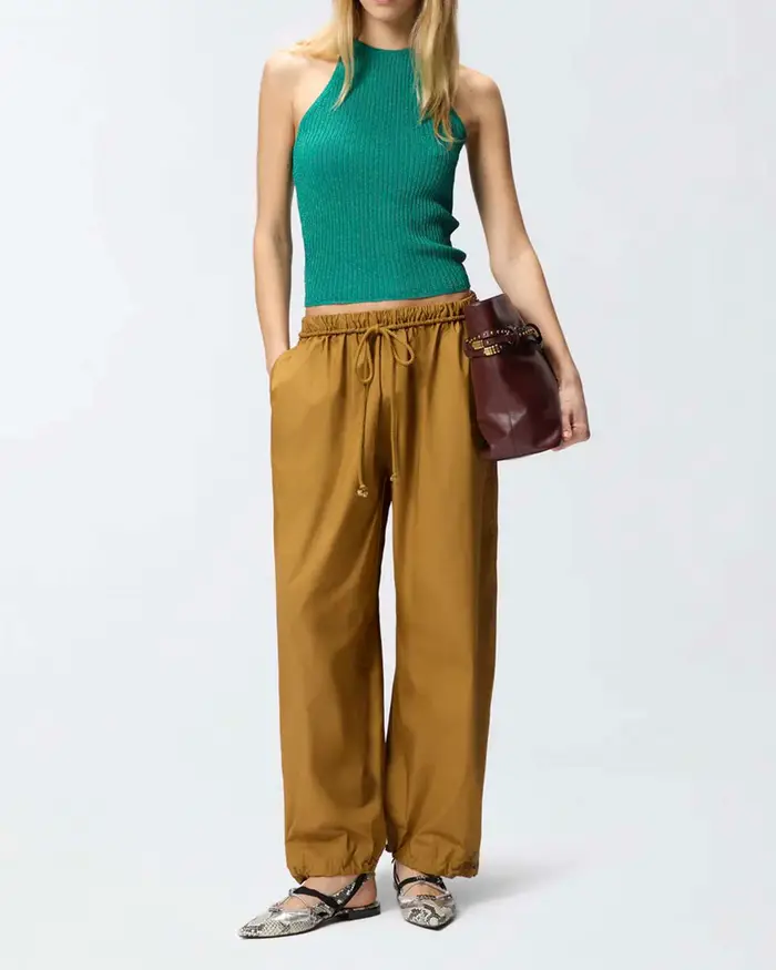 Top Pinko verde in misto viscosa e filo metallizzato a costine con scollo all americana
