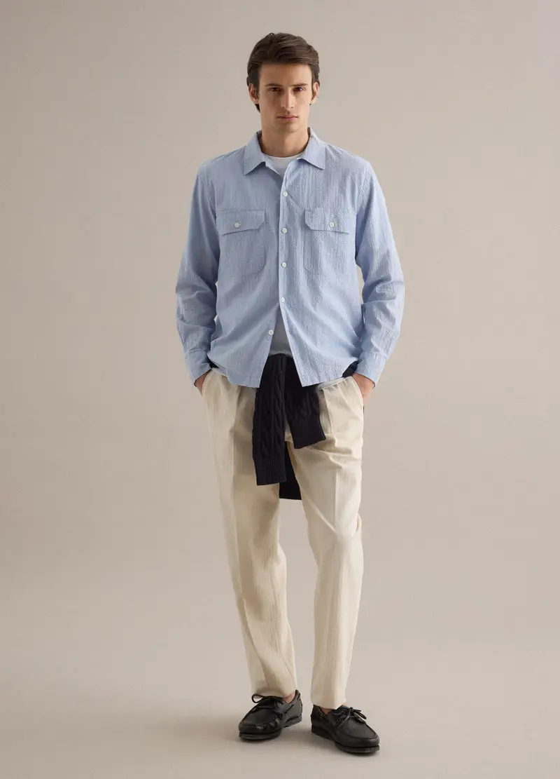 PIOMBO Camicia A Maniche Lunghe In Cotone Elasticizzato Azzurra Regular Fit, Uomo, Azzurro