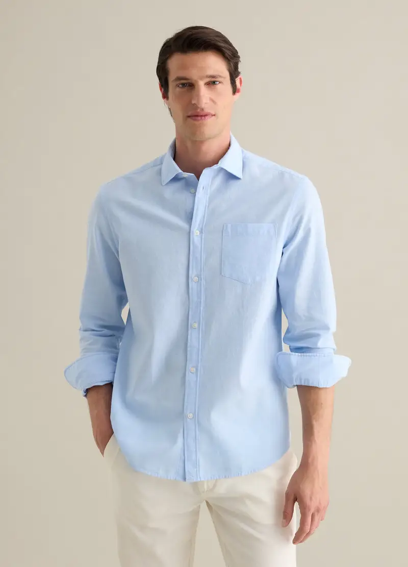 PIOMBO Camicia Da Uomo In Cotone E Lino Azzurra Regular Fit Con Tasca, Azzurro