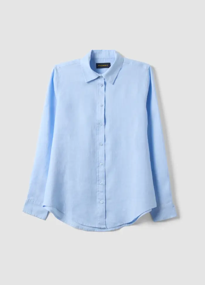 Camicia In Puro Lino Azzurra Regular Fit, Donna, Azzurro