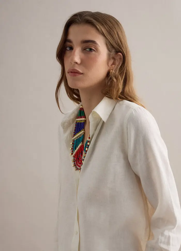 Camicia In Puro Lino Bianca Regular Fit, Donna, Bianco