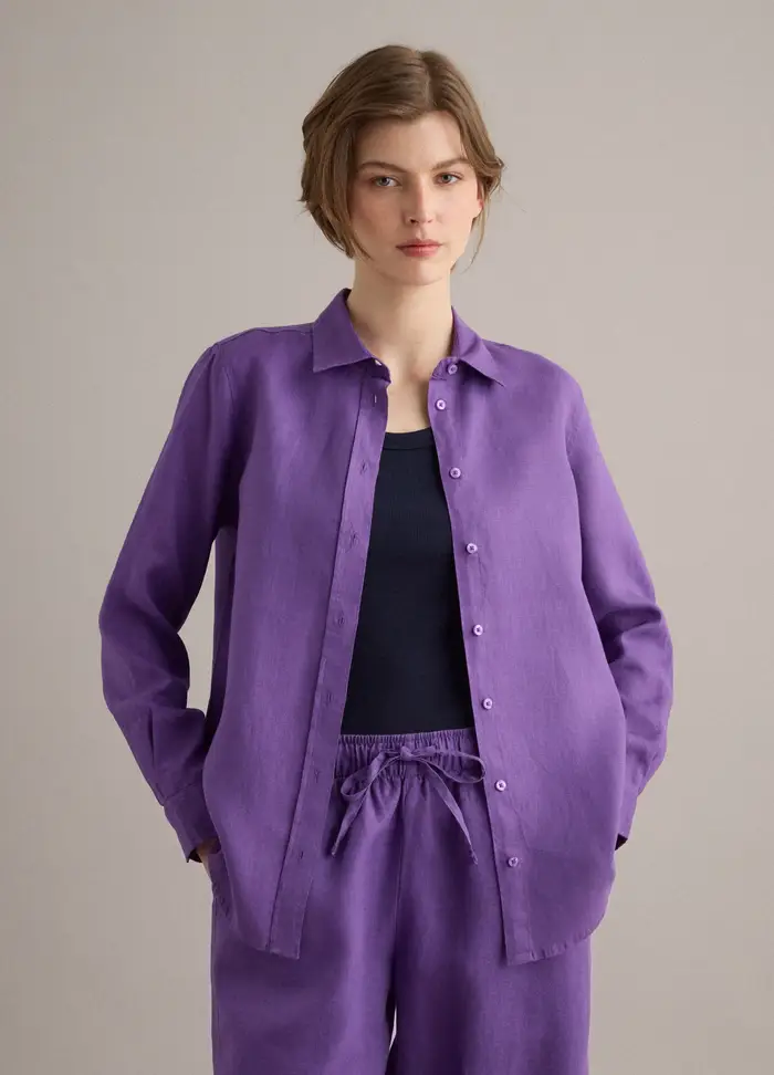 Camicia In Puro Lino Viola Regular Fit, Donna, Viola miniatura 4