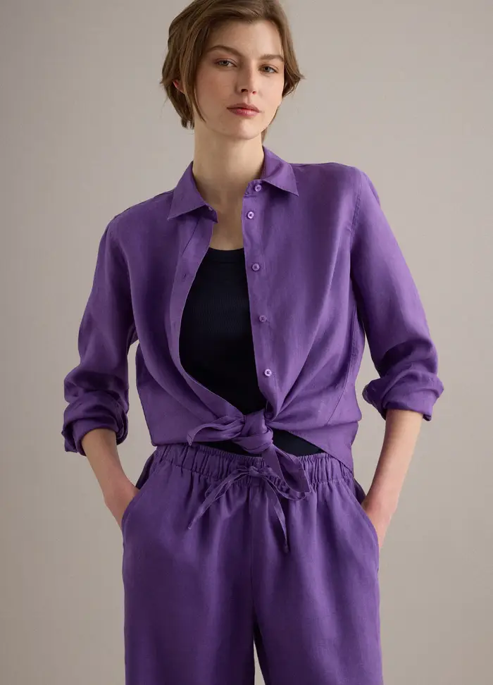 Camicia In Puro Lino Viola Regular Fit, Donna, Viola