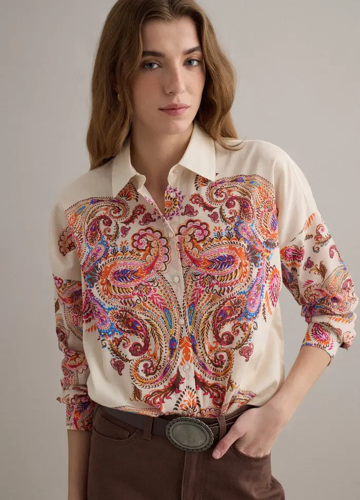 PIOMBO Camicia Multicolor A Maniche Corte In Puro Cotone, Donna, Beige