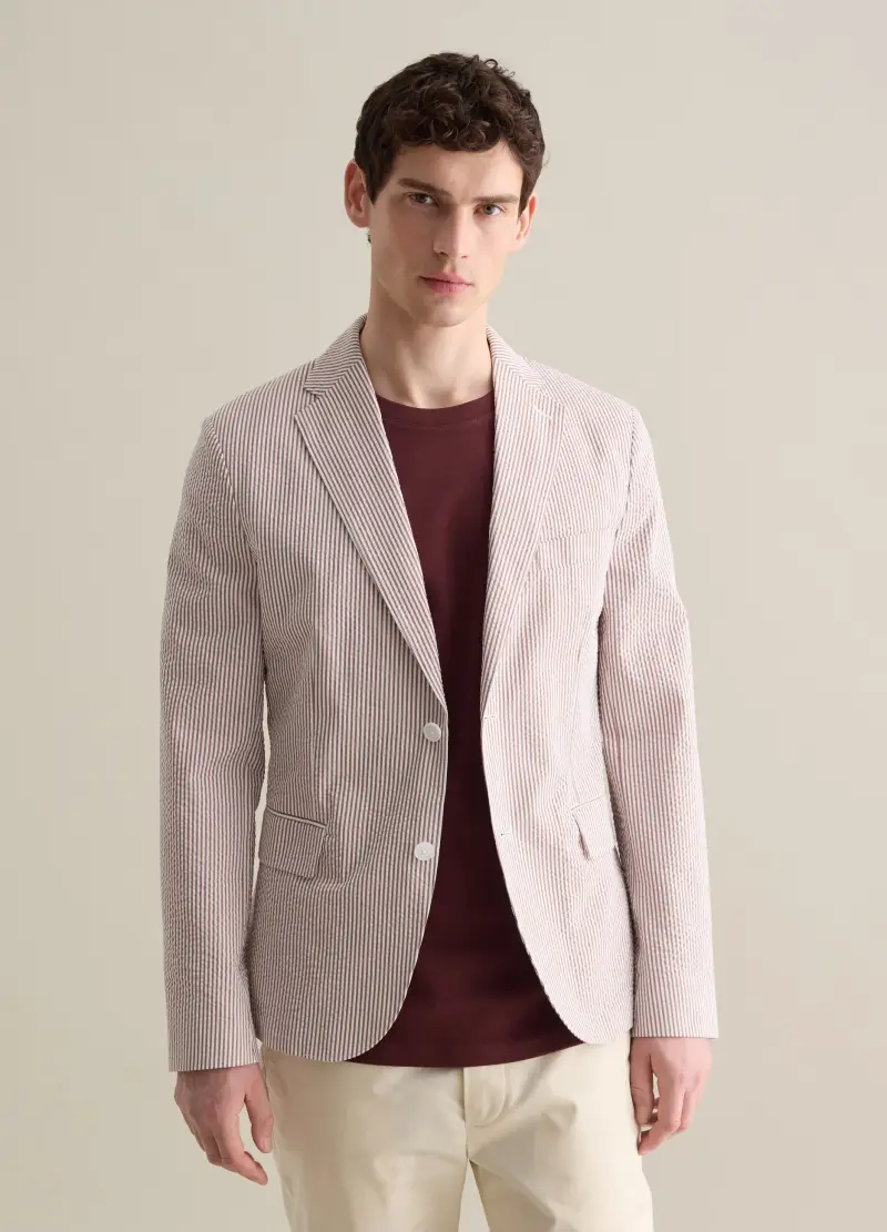 Piombo Contemporary Blazer Bianco E Marrone Slim Fit In Seersucker A Righe, Uomo, Multicolor