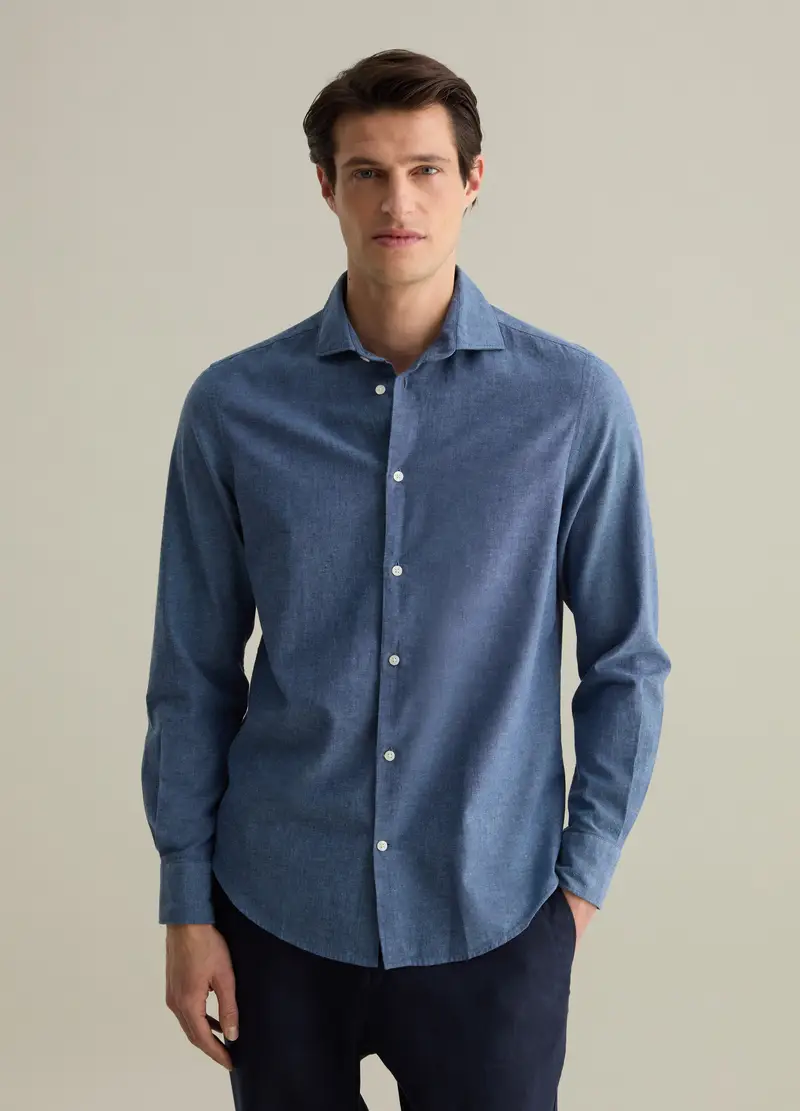 Piombo Contemporary Camicia Regular Fit In Cotone E Lino, Uomo, Blu