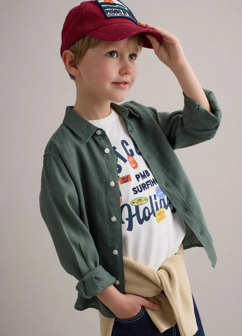 PIOMBO KIDS Camicia In Puro Lino Verde Oversize Fit Da Bambino, Verde