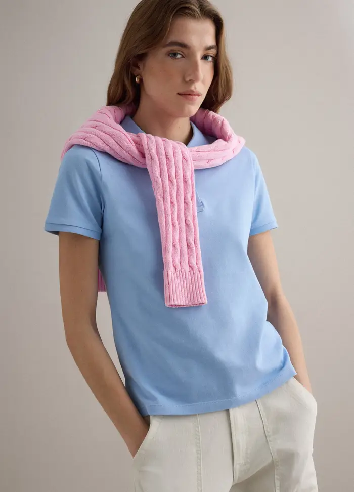 PIOMBO Polo Azzurra A Maniche Corte In Puro Cotone Regular Fit, Donna, Azzurro