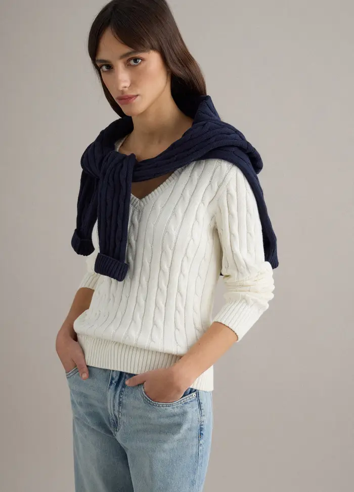 PIOMBO Pullover Bianco In Puro Cotone Regular Fit Con Lavorazione A Treccia, Donna, Bianco