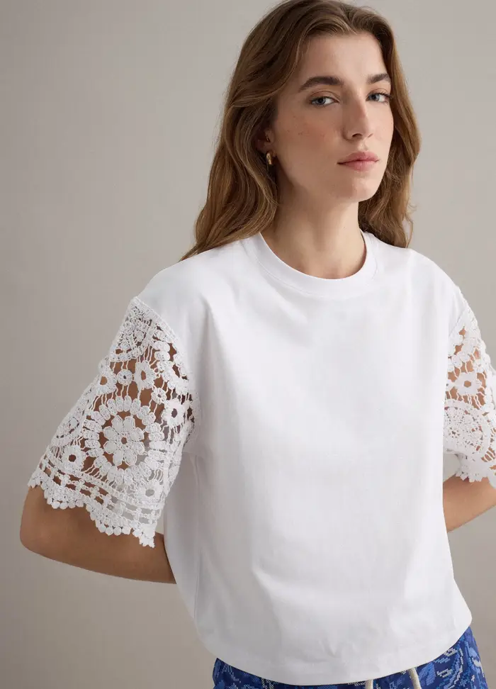 PIOMBO T-shirt Bianca A Maniche Corte In Misto Cotone Con Dettagli A Rete, Donna, Bianco