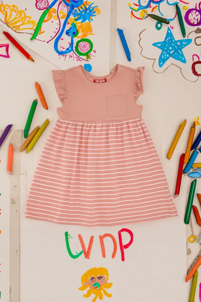 Vestito Rosa con Righe Bianche e Maniche Volant Pitt Kids PT-G-D-05068 [ROSA]