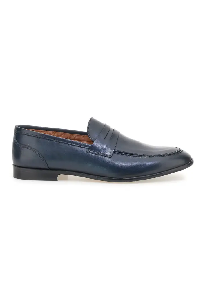 PITTARELLO Mocassini blu in vera pelle con suola in cuoio made in Italy 2374 [BLUE]