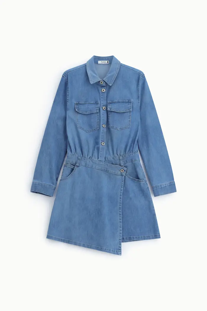 Abito corto con tasche frontali e bottoni Blu denim