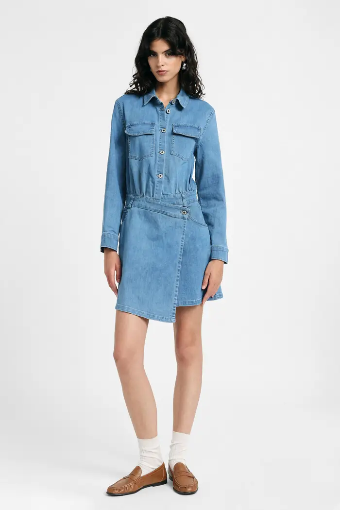Abito corto con tasche frontali e bottoni Blu denim