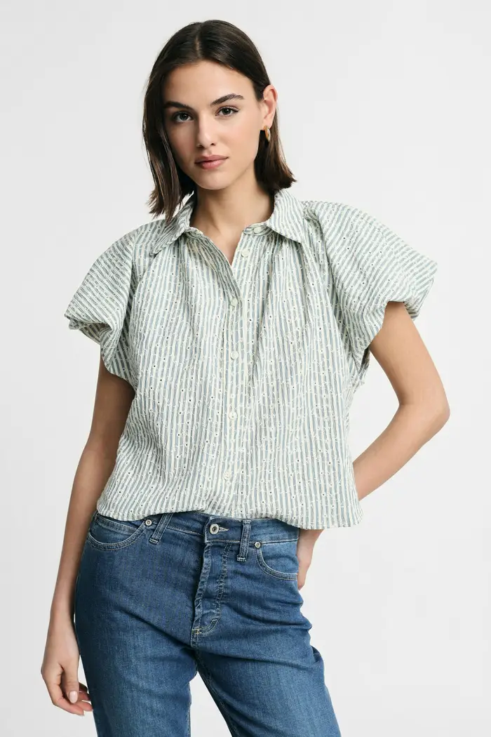 Camicia stampa geometrica maniche corte ampie Panna miniatura 3