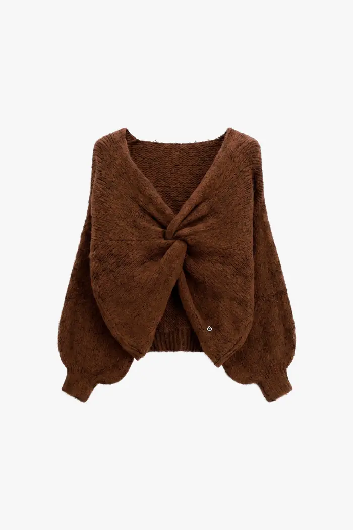 Please Cardigan intrecciato con maniche lunghe e scollo a v Cioccolato