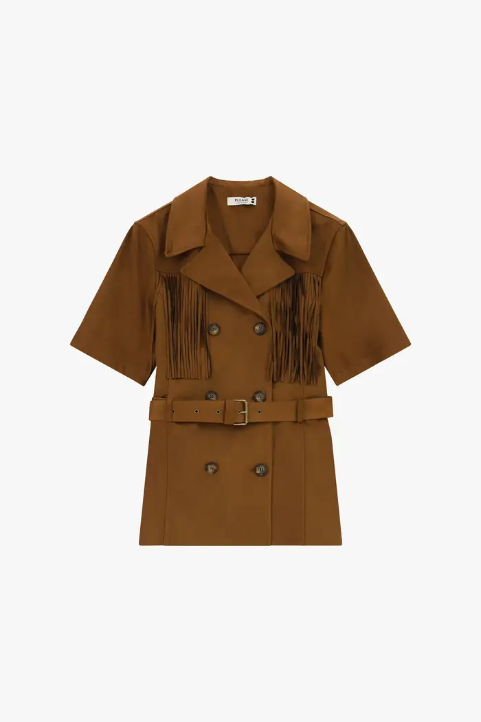 Please Giacca in pelle con frange e cintura Marrone