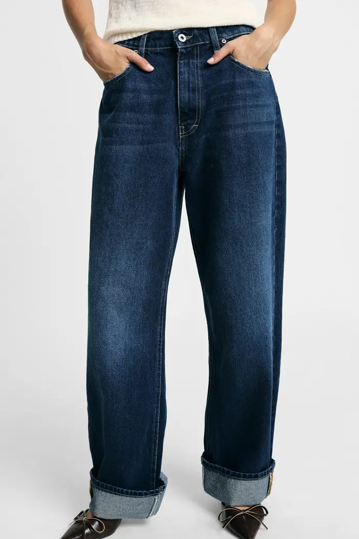 Jeans ampi a vita alta con fondo risvoltato Blu denim