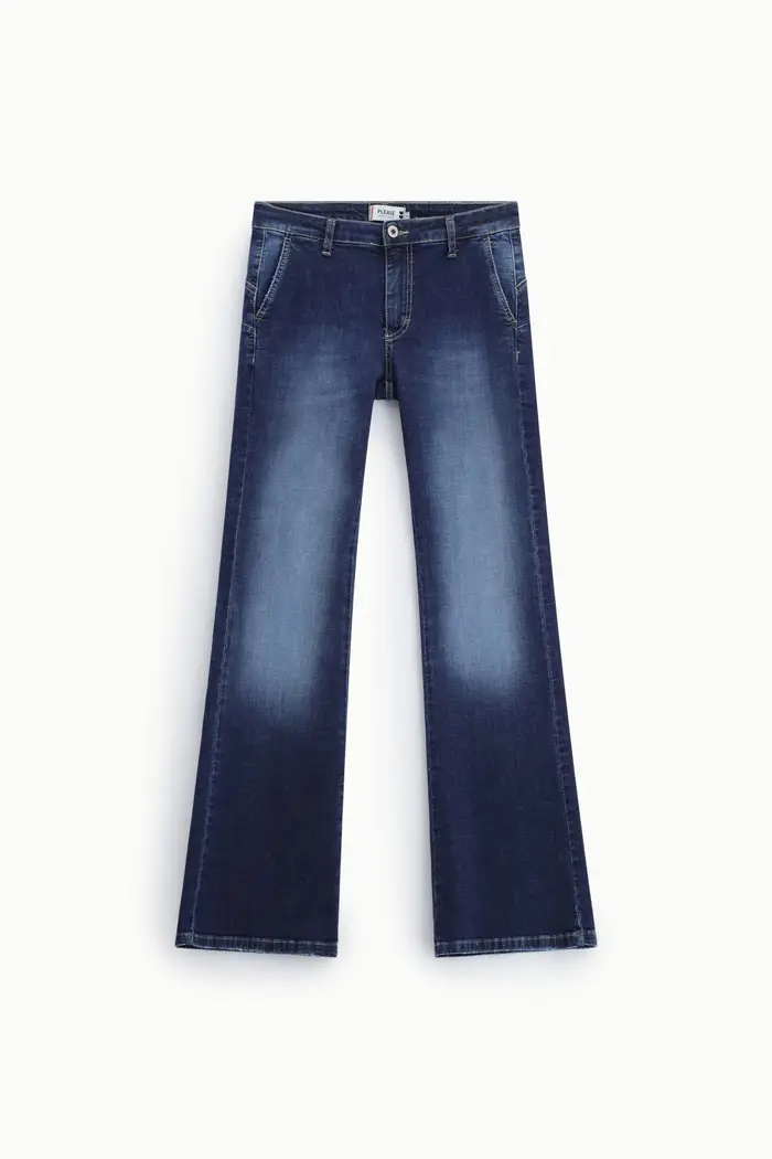 Please Jeans flare fit con fondo ampio e cuciture a vista Blu denim