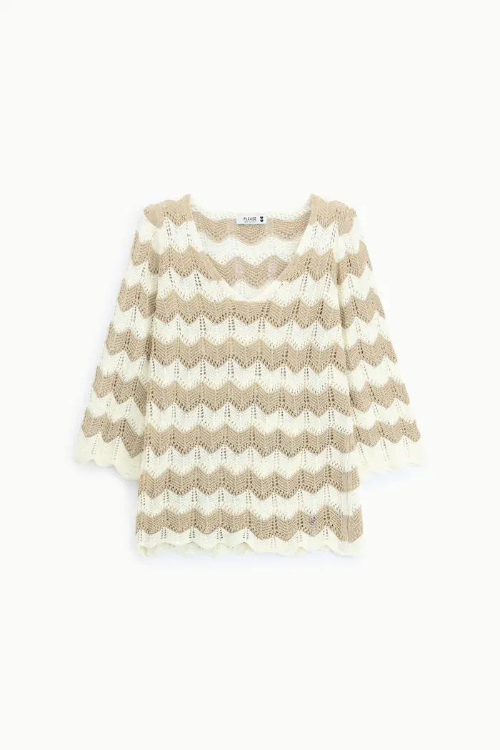 Please Maglione con maniche 3/4 e motivo a zig zag Ecru