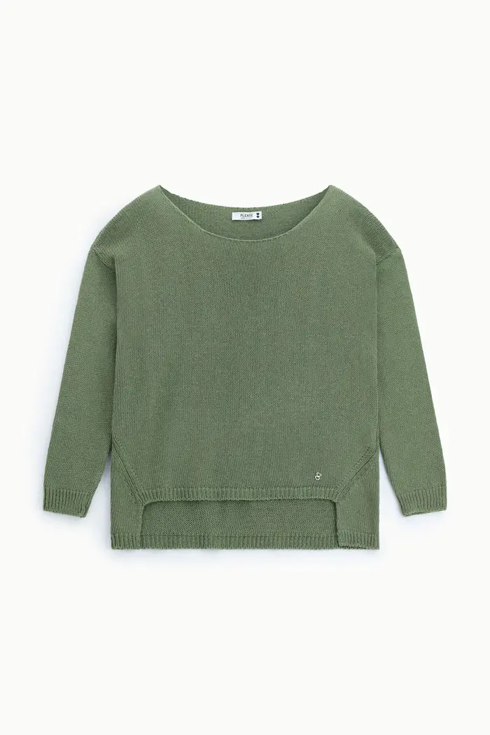 Please Maglione pullover girocollo con spacchi laterali Salvia