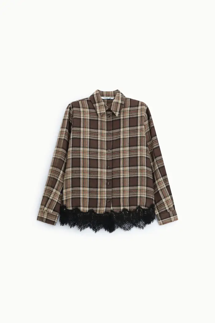 Please Shirt stampa check con bordo in pizzo e maniche lunghe Beige