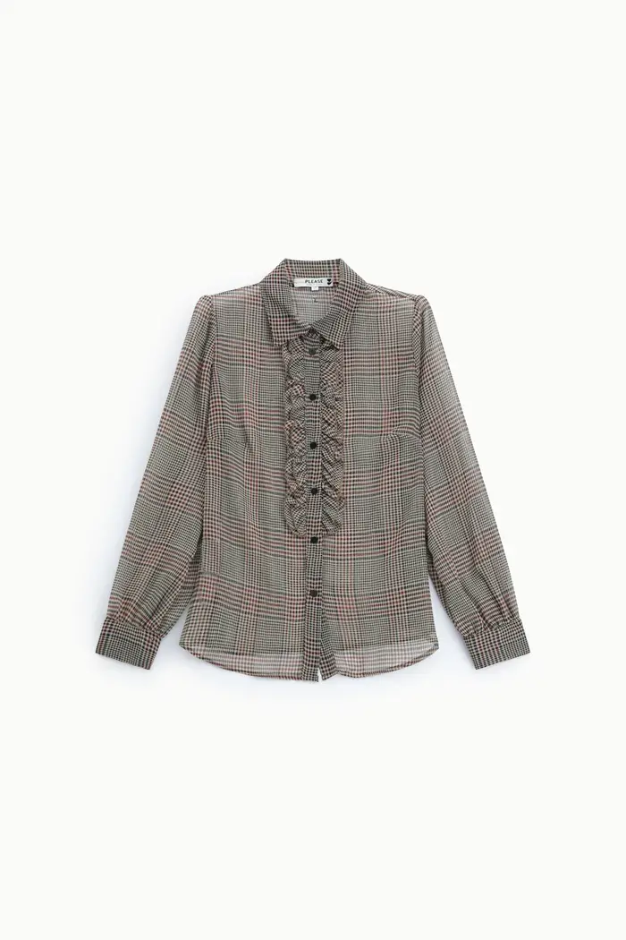 Please Shirt stampa check con rouches e maniche lunghe Nero