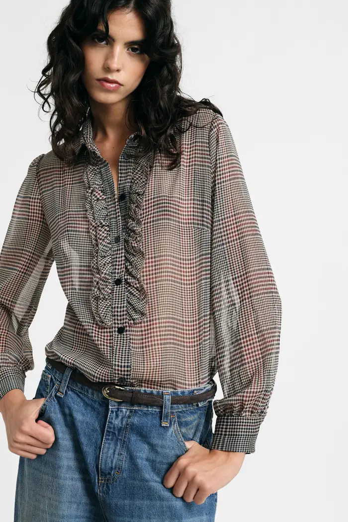 Please Shirt stampa check con rouches e maniche lunghe Nero