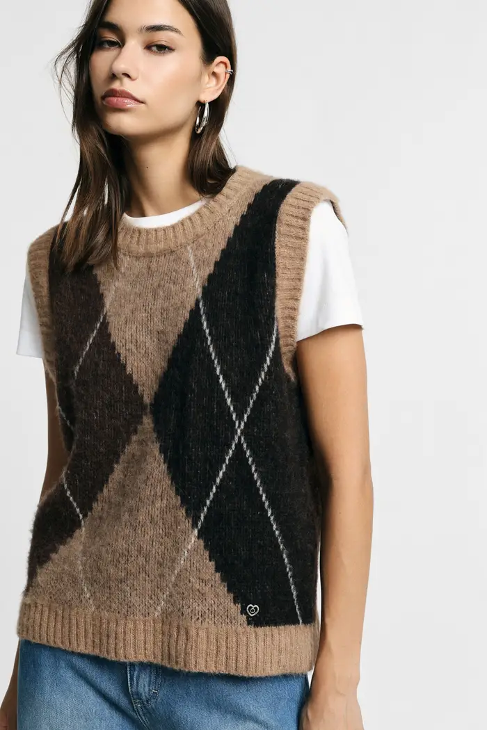 Please Sweater con fantasia argyle e scollo tondo Tortora