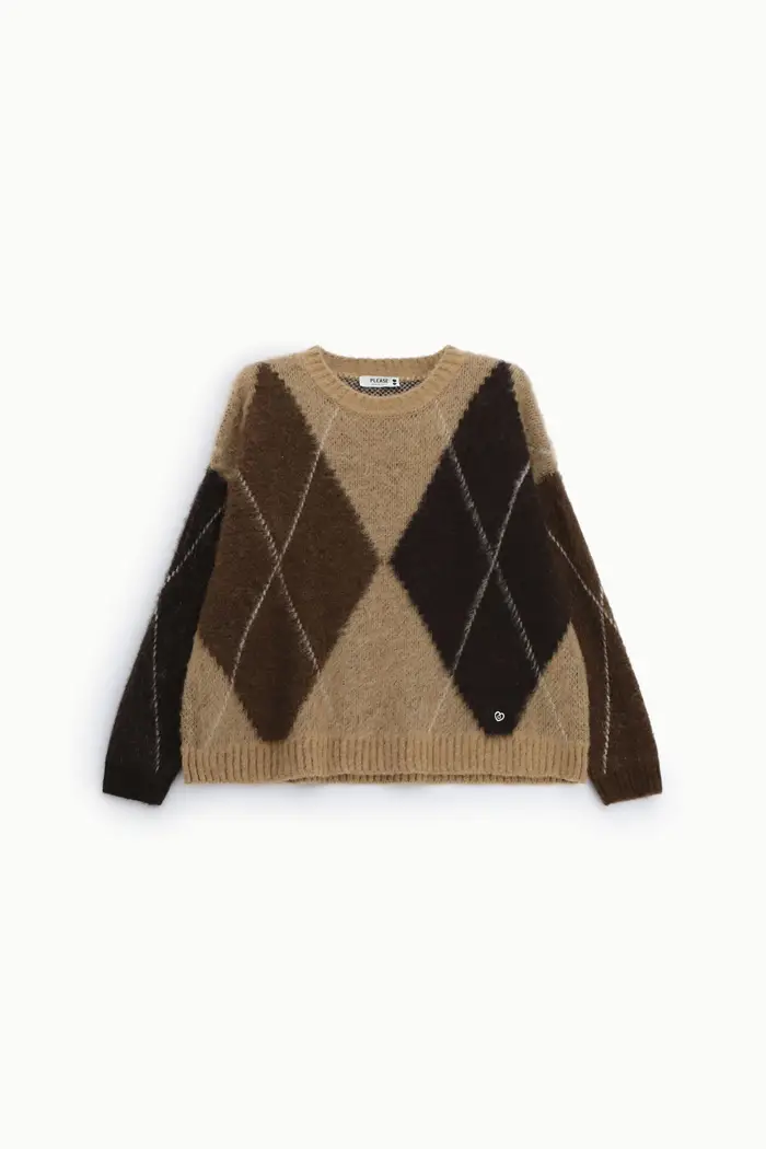 Please Sweater girocollo fantasia rombi a maniche lunghe Tortora