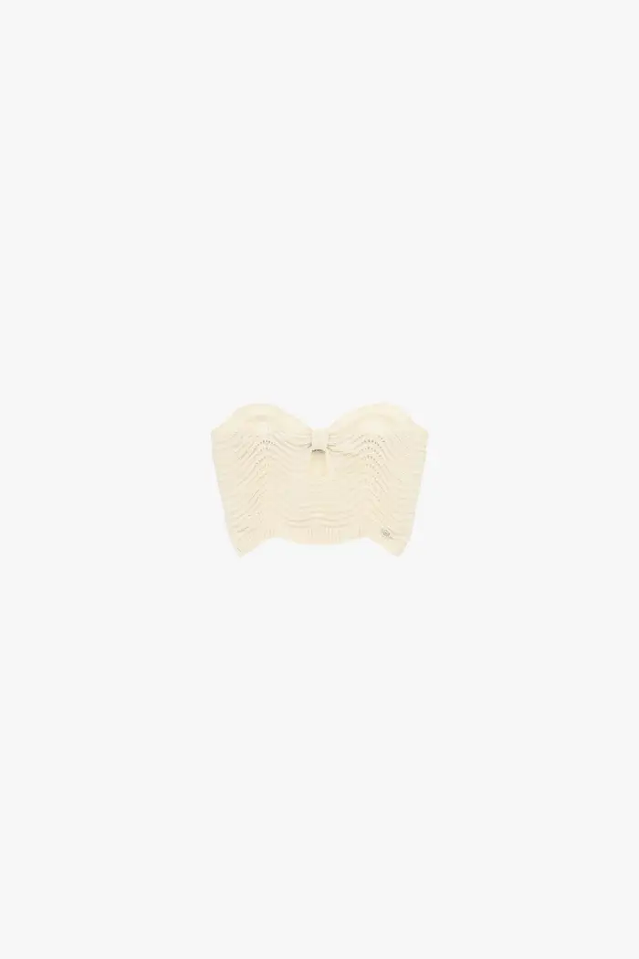 Please Top a fascia lavorato traforato dettaglio cut-out Ecru