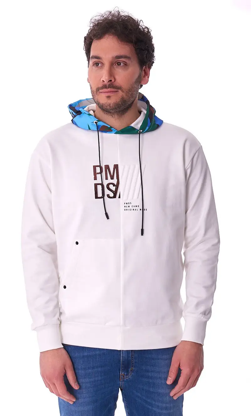 PMDS Felpa bianca con cappuccio a contrasto, colore bianco