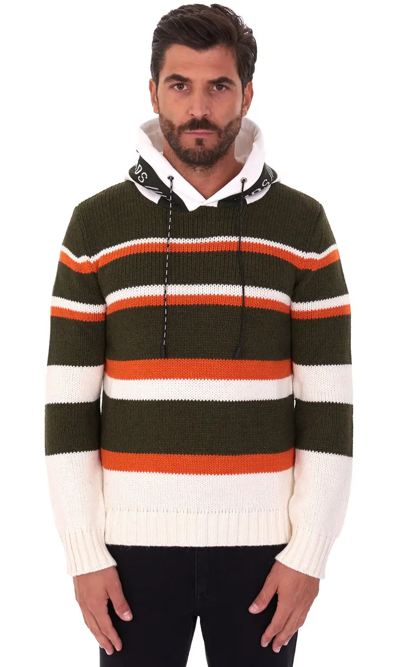 PMDS Maglione rigato girocollo con cappuccio, colore multicolore