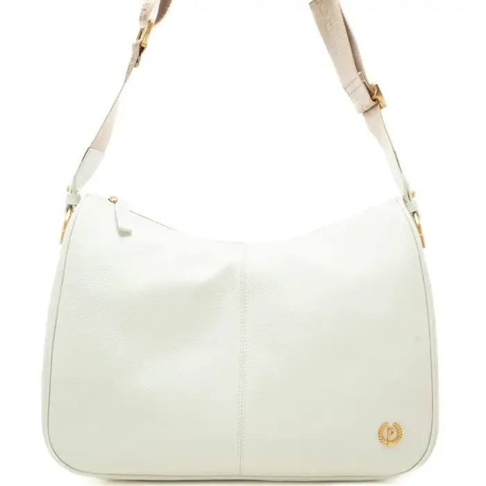 borsa a tracolla da donna con mini logo monogram in metallo sul fondo avorio