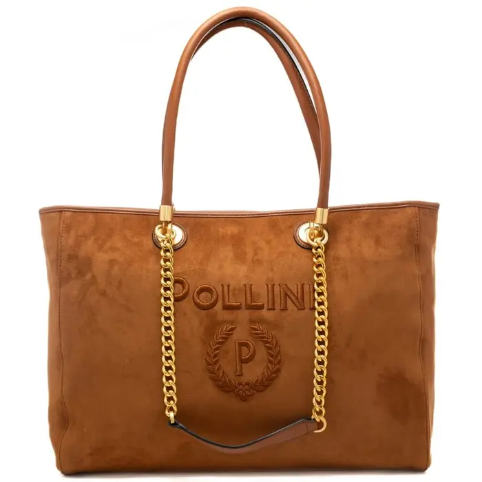 Pollini shopping bag da donna in sede con logo ricamato ton sur ton cuoio