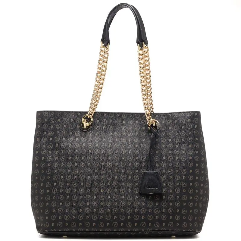 Pollini shopping donna con manici in catena e stampa logo nero