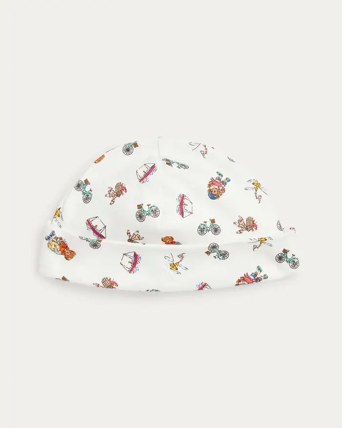 Berretto Polo Ralph Lauren cuffia bianco in puro cotone con fantasia disegni all over